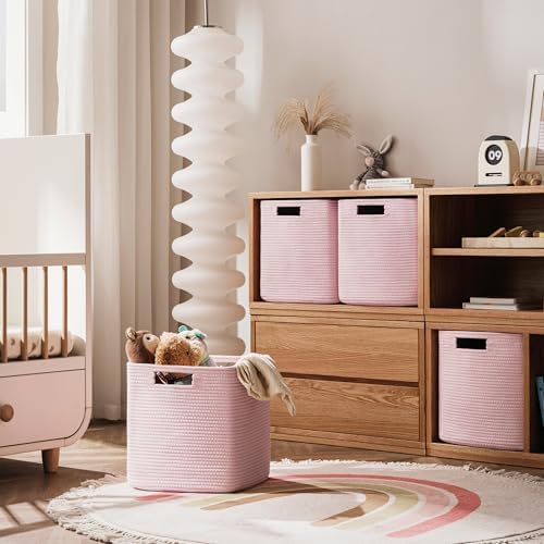 UBBCARE Storage Cubes 11 Inch, Cotton Rope Woven Baskets for Organizing, Cube Storage Bin for Baby Nursery, 4-Pack Square Toy Storage Baskets for Shleves Organizer, Closet, Kidsroom, Pink - Image 5
