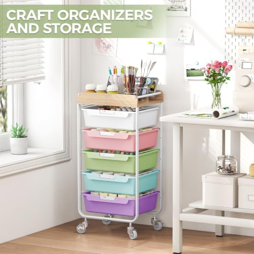 SYKIARIOL Utility Cart with 5 Labeling Drawers and Wooden Tabletop - Image 5