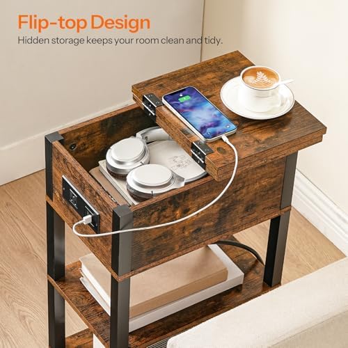HOOBRO End Table with Charging Station, Flip Top Side Table with USB Ports, Narrow Nightstand Bedside Tables with Storage Shelves, for Small Space, Living Room, Rustic Brown and Black BF141UBZ01 - Image 6