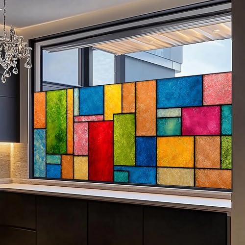 Window Privacy Film 39.37 x 17.3 in Color Block Stained Glass Cling - Image 2