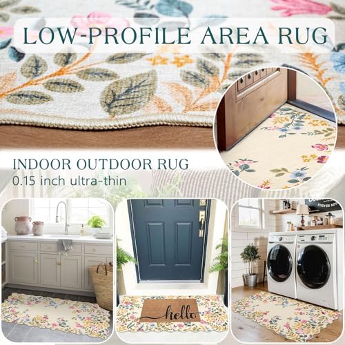 Front Door Mat Indoor Entrance - 2x4.3 Beige Colorful Floral Washable Layered Doormat Outdoor Entrance Porch Rug Non-Slip Boho Runner Rug for Kitchen Hallway Bedroom Laundry Room Porch Decor - Image 5
