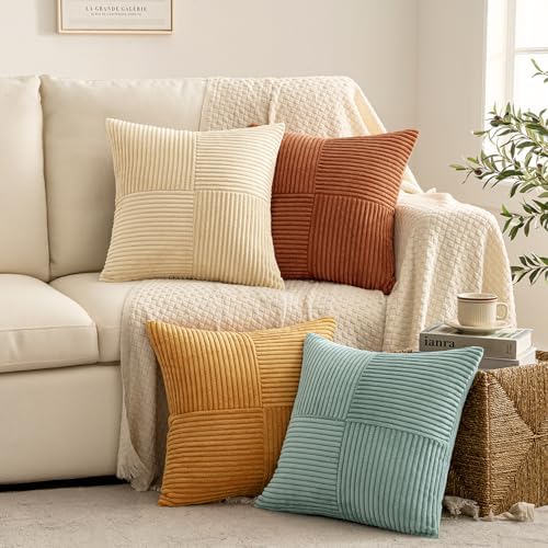 MIULEE Fall Boho Farmhouse Decorative Throw Pillow Covers 20x20 Inch 4 Packs Soft Vintage Pillow Cases Modern Corduroy Patchwork Cushion Covers for Couch Sofa Bed Home Decor, Teal-Rust - Image 4
