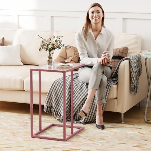 C Shaped End Table Set of 2, Small Side Couch Sofa Tables for Living Room,Glass Tv Tray Snack Dinner Table with Metal Frame, Easy Assembly (Pink) - Image 6