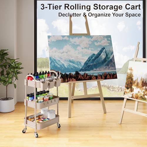 3 Tier Khaki Metal Utility Rolling Cart, Storage Cart with Lockable Wheels - Image 7