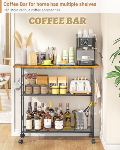 Kitchen Island with 3 Shelves, Rolling Kitchen Cart with 6 Hooks and Protective Shelf, Microwave Stand on Lockable Wheels, Bakers Rack Coffee Bar for Dining, Living Room, Outdoor, Metal Frame - Image 6