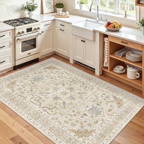 Madane Area Rug 4x6 Washable Rugs Vintage for Living Room, Beige/Blue - Image 2