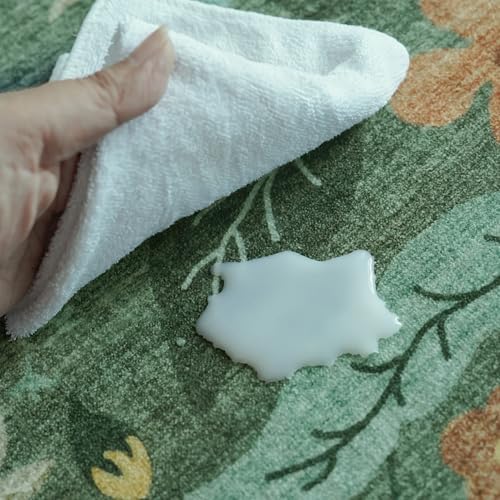 Floral Square Area Rug for Family: Washable 5x5 Scalloped Carpet for Living Room Bedroom Soft Water Resistant Floor Mat with Non Slip Backing for Kitchen Nursery Farmhouse Home Decor(5x5,Floral/Green) - Image 6