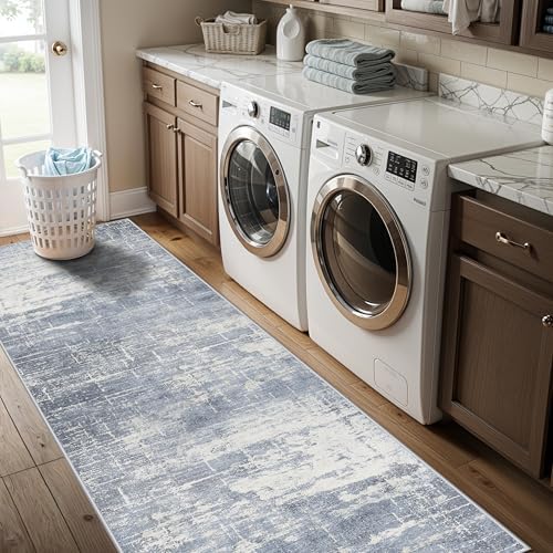 Hallway 2x8 Washable Runner Rug: Abstract Stain Resistant Kitchen Entryway Rugs Farmhouse Ultra Soft Bathroom Bedroom Print Floor Mat Thin Non-Slip Indoor Carpet for Living Room Laudry(2x8,Blue/ivory) - Image 5