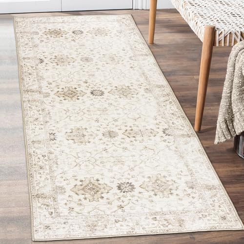 ReaLife Rugs Machine Washable Area Rug Runner - Living Room Bedroom Bathroom Kitchen Entryway Office - Padded Low Pile Stain Resistant Premium - Boho Farmhouse Vintage - BEV - Beige 2'6" x 6' by ReaLifeRugs