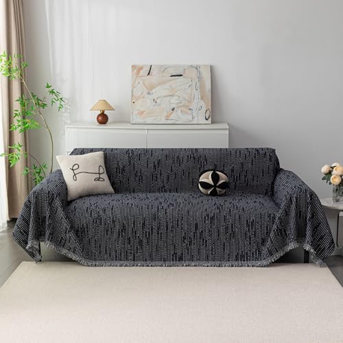 MYSKY HOME Couch Covers for 2 Cushion Couch Sectional Sofa, L Shape Sofa Protector Navy Chenille Couch Cover, Sofa Covers Washable Blanket with Tassel Pet Couch Cushion Cover, 71"X102" - Image 2
