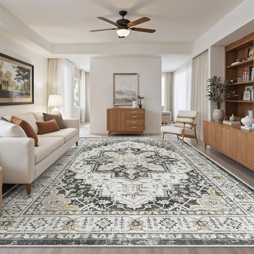 Madane 8x10 Area Rugs for Living Room, Non-Slip Vintage Washable Rug, Black by Madane