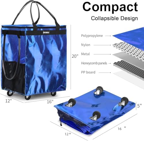Medium Blue Reusable Grocery Bag on Wheels, Foldable Rolling Tote Bag, - Image 5
