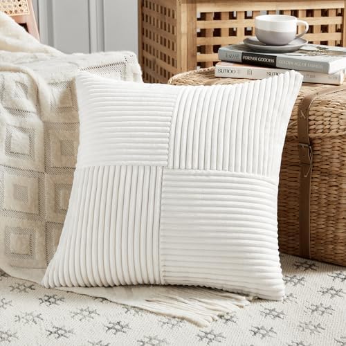 Fancy Homi 2 Packs Cream White Decorative Throw Pillow Covers 18x18 Inch for Living Room Couch Bed Sofa, Farmhouse Boho Home Decor, Soft Corss Corduroy Patchwork Textured Square Cushion Case 45x45 cm - Image 2