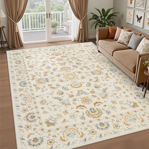 6x9 Area Rug Living Room: Soft Floral Washable Boho Carpet Beige - Image 2