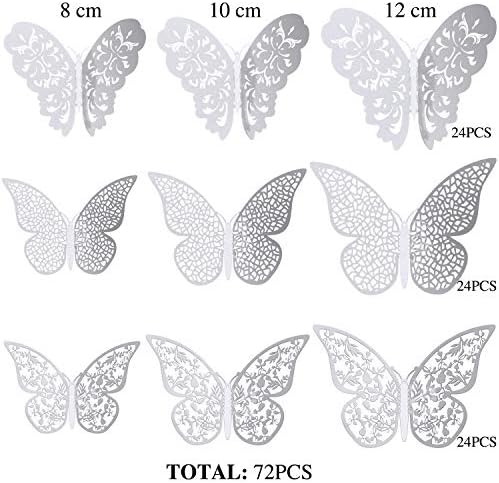Bememo 72 Pcs 3D Butterfly Wall Decals, 3 Sizes,Silver | Metallic Hollow Design for Bedroom Living Room, Removable Adhesive Wall Decor, Easy Peel Stick Party Decoration Stickers - Image 3