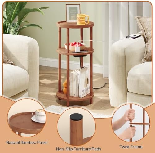 HOOBRO Small Round Side Table with Charging Station, 3-Tier Round Bamboo End Table, Compact Sofa Bedside Table for Small Space, Easy Assembly, for Living Room, Bedroom, Apartment, Walnut WL152UBZ01 - Image 5