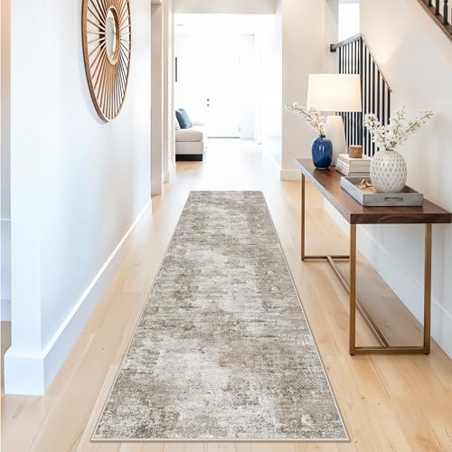 2x12 ft Long Hallway Runner Rug - Non-Slip Washable Soft Carpet Runners for Kitchen Hall Entryway Bathroom, Modern Abstract Neutral Low Pile Thin Stain-Resistant Floor Runner with Rubber Backing by ZHXXUJ
