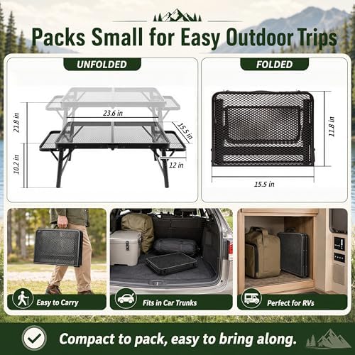 2.5 FT Picnic Table with 2 Wing Panels, Mesh Metal Folding Grill Table Height Adjustable & Lightweight & Portable Table for Outdoor Indoor Camping, Picnic, Beach and BBQ, RV - Image 2