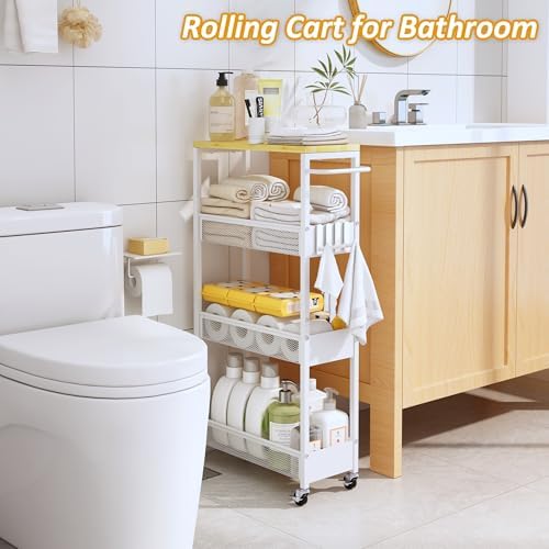 Vincona 7.1" Wide Slim Storage Cart on Wheels, 4 Tier Metal Narrow Rolling Cart with Handle and Wood Top, Multifunctional Small Mobile Shelf Unit Organizer Trolley for Laundry, Bathroom, Kitchen - Image 5