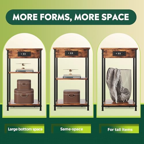 WLIVE End Table with Charging Station, Small Night Stand Rustic Brown - Image 5
