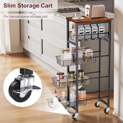 Slim Rolling Cart, 4-Tier Storage Cart, 9.1inch Narrow Kitchen Rolling Cart on Wheels for Small Space, Utility Cart Shelving Unit with Wooden Top and Metal Handle for Kitchen, Bathroom, Laundry Room - Image 2