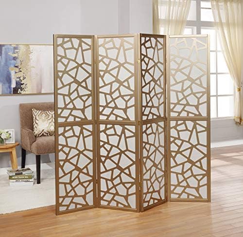 Roundhill Furniture Giyano 4 Panel Screen Room Divider, White Screen with Gold Frame - Image 2