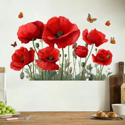 ANNA QUEEN Red Poppy Flower Wall Decals with Butterflies | Peel and Stick Floral Wall Stickers – Removable Garden Bloom Vinyl Wall Art for Bedroom, Living Room, Hallway & Window Décor - Image 4