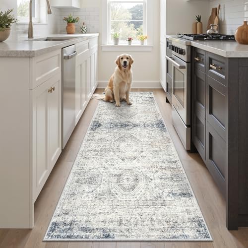 Soalmost Runner Rug 2x6 Washable Kitchen Hallway Runners Blue/Ivory - Image 3