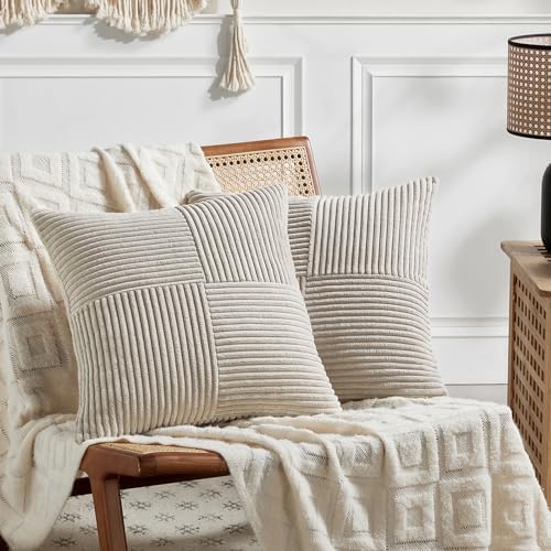 Fancy Homi 2 Packs Neutral Taupe Euro Decorative Throw Pillow Covers 28x28 Inch for Couch Bed Sofa, Rustic Farmhouse Boho Home Decor, Soft Corss Corduroy Patchwork Textured Square Cushion Case 71x71cm by Fancy+Homi