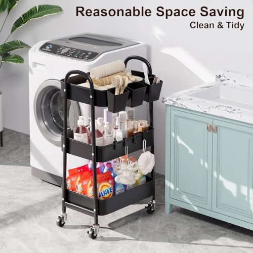 3 Tier Metal Rolling Cart with Lockable Wheels,Black Three Tiered Art Carts - Image 3