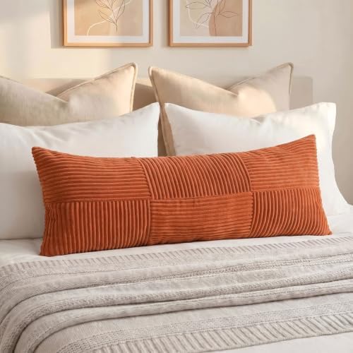 Fancy Homi Set of 2 Burnt Orange Boho Long Lumbar Body Decorative Throw Pillow Cover 14x36 Inch for Bed Couch Bedroom Bench, Soft Patchwork Corduroy Textured Pillow Case, Rustic Farmhouse Room Décor - Image 7