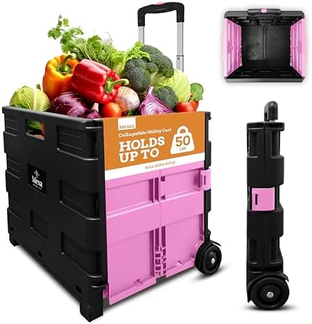 Inspired Living Ultra-Slim Rolling Collapsible Storage Pack-N-Roll Utility-carts, with Telescopic Handle, for Home, Garden, Shopping, Office, School use, Medium, Pink & Black by Inspired+Living