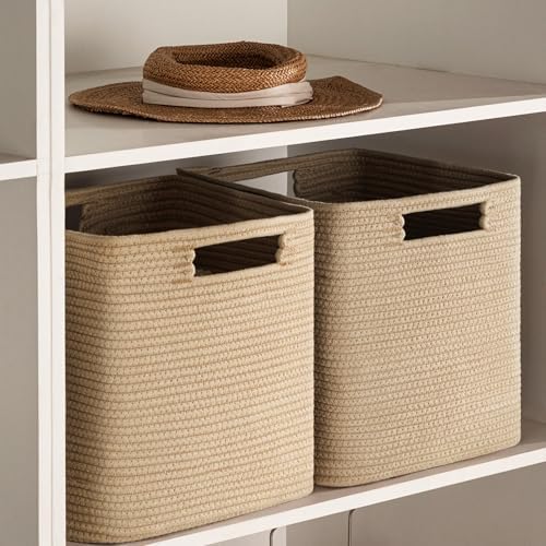 UBBCARE Set of 4 Storage Basket-13 X 13 X 13 In, Cotton Rope Basket for Shelves, Toys, Book, Cube Storage Bins with Handles, Woven Storage Basket for Organizing, Brown - Image 6