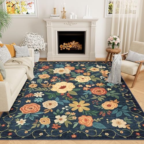 DUKINO 5x7 Area Rug Floral Washable Rug for Living Room Non Slip, Navy Blue by DUKINO