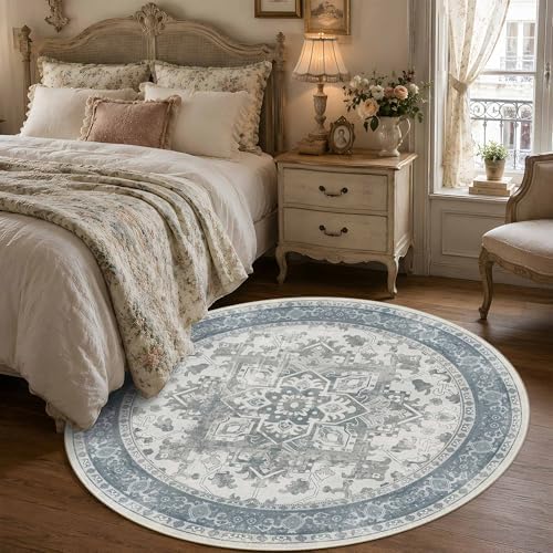 Blue Round Rug for Bedroom, Vintage Circle Rug(6ft) - Image 3