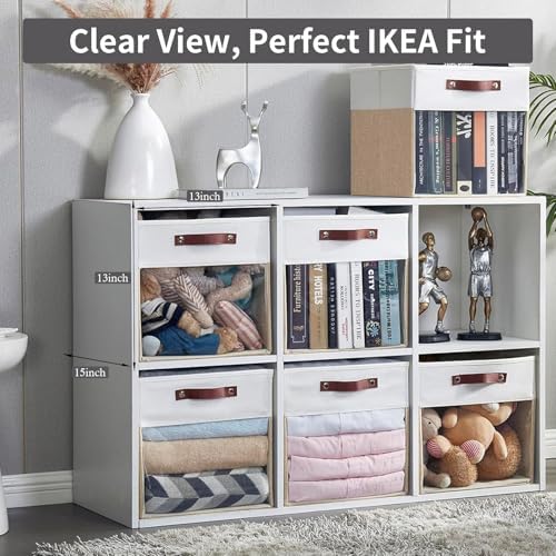 Bagnizer Storage Cubes, 4 Pack Linen Foldable Storage Bins with Clear Window and 2 Handles, 13x15x13 Storage Cube Bins for Shelf Closet, Kallax, Clothes, Books - (Beige / Off-White) - Image 2