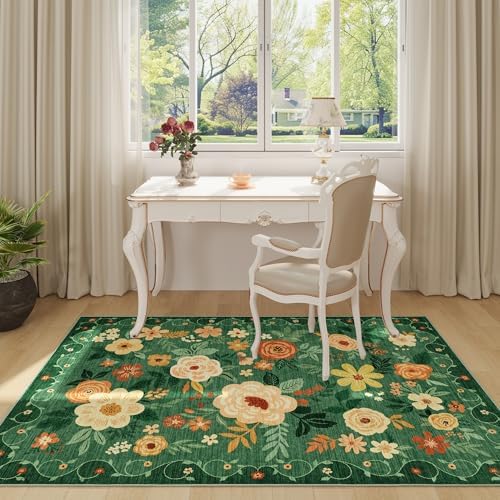 DUKINO 3x5 Area Rug, Floral Washable Rug for Bedroom Non Slip, Dark Green - Image 3