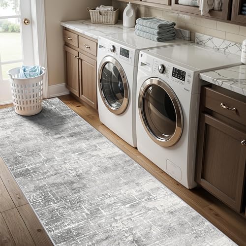 Washable 2x10 Kitchen Runner Rug: Abstract Farmhouse Bathroom Entryway Rug Soft Stain-Resistant Hallway Floor Mat Non-Slip Indoor Non-Shedding Carpet for Nursery Living Room Bedroom (2x10,Light/Grey) - Image 5