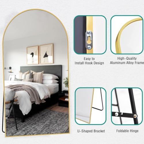 90''x46'' Oversized Full Length Mirrors, Arched Floor Mirror with Stand, Full Body Large Oversized Standing Mirror/Leaning/Hanging Wall Mounted for Living Room, Bedroom, Gold - Image 5
