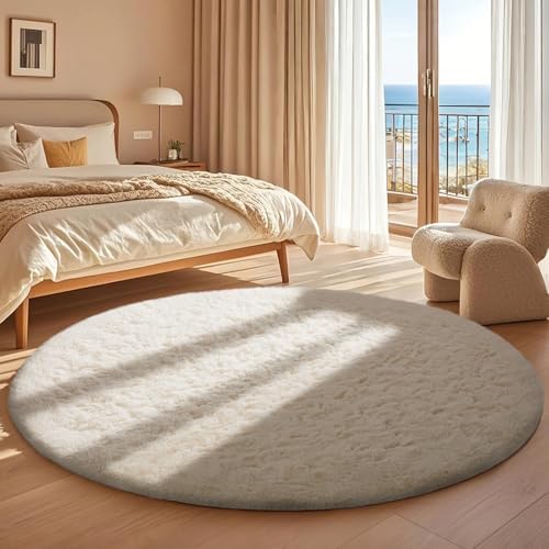 Ophanie Round Washable Rugs 5Ft Ivory Circle Area Rug,Baby Nursery Living Room Bedroom Decor Circular Carpet 5 Foot,Fluffy Fuzzy Shag Plush Cream for Kids Boys Girls Teen with Over 99 pcs Pile fibers - Image 3