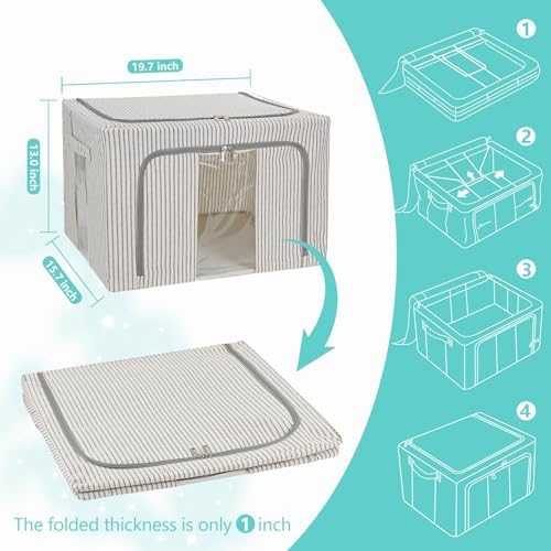 3 Pack Clothes Storage Bins, Foldable Metal Frame Storage Box with Lids,Stackable Linen Fabric Organizer Set with Carrying Handles,Zippers,and Clear Window (Grey Stripe, 66L) - Image 2