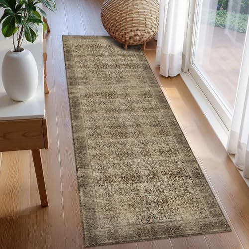 Washable Area Rug 2'6'' x 8' Vintage Traditional Persian Mat - Foldable Distressed Non-Slip Machine Washable Carpet for Living Room Bedroom Kitchen Home Decor - Mocha and Taupe - Image 3