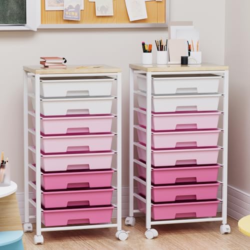 Rolling Cart with 8 Drawers, Storage Drawers Cart with Wooden Tabletop and Lockable Wheels, Craft Storage for Living Room, Office, Classroom, Craft Room, Bedroom - Image 4