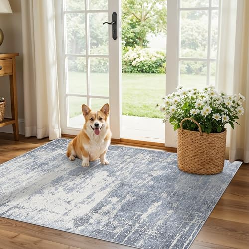 Washable 3x4 Kitchen Area Rugs: Abstract Stain-Resistant Sink Rug Non-Slip Durable Doormat Soft Bedroom Nursery Besides Carpets Indoor Water-Resistant Bathroom Floor Mat for Family(3x4,Blue/Ivory) by HYHAOYUNLAI