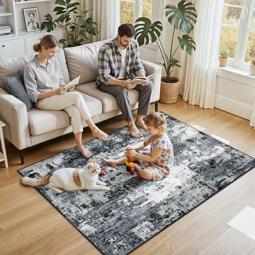 RELEANY Washable 4'x6' Abstract Area Rug for Living Room Black White - Image 3