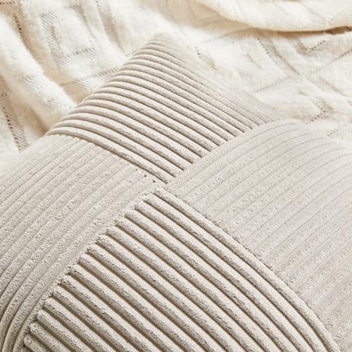 Fancy Homi 2 Packs Neutral Taupe Samll Decorative Throw Pillow Covers 14x14 Inch with for Couch Bed Sofa, Rustic Farmhouse Boho Home Decor, Soft Corss Patchwork Corduroy Square Cushion Case 35x35 cm - Image 3
