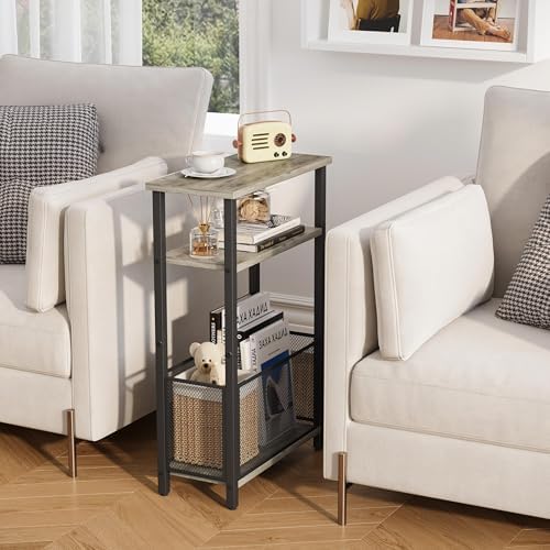 MMEOLUOOK Narrow Side Table with Storage Basket Skinny End Tables for Smalls Spaces 3 Tier Sofa Table Small Nightstand Slim Bedside Table for Living Room Bedroom Oak MLBZ22Q - Image 4