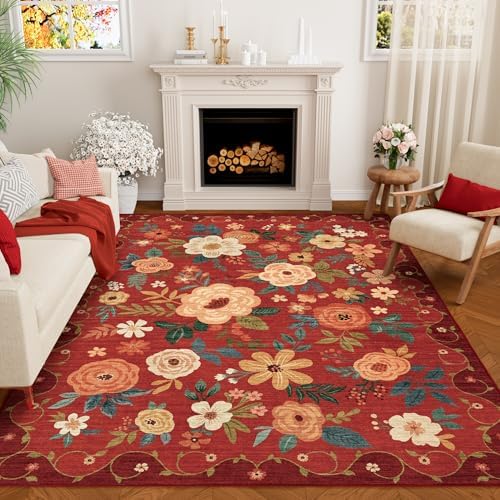 DUKINO 6x9 Area Rugs, Floral Washable Rug for Bedroom Non Slip, Red by DUKINO