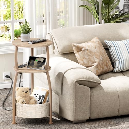 Side Table with Charging Station, Small Round End Table with Basket - Image 5
