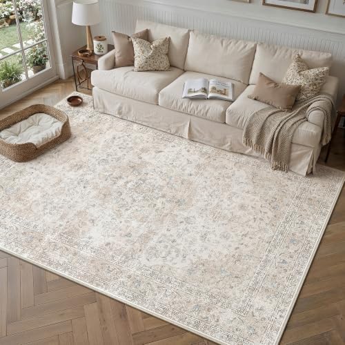 4x5 Washable Area Rug Beige Grey Non Slip Vintage Carpet by WondRg